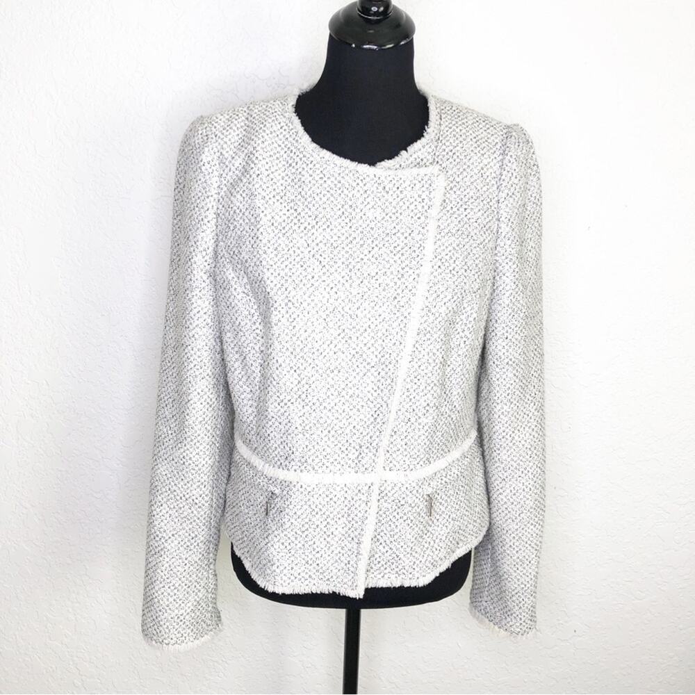 WHBM gray white tweed fringe trim zip front blazer size 12